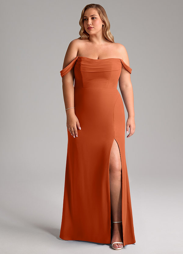 Azazie Saige Bridesmaid Dresses Burnt Orange A-Line Off the Shoulder Chiffon Convertible Dress image1