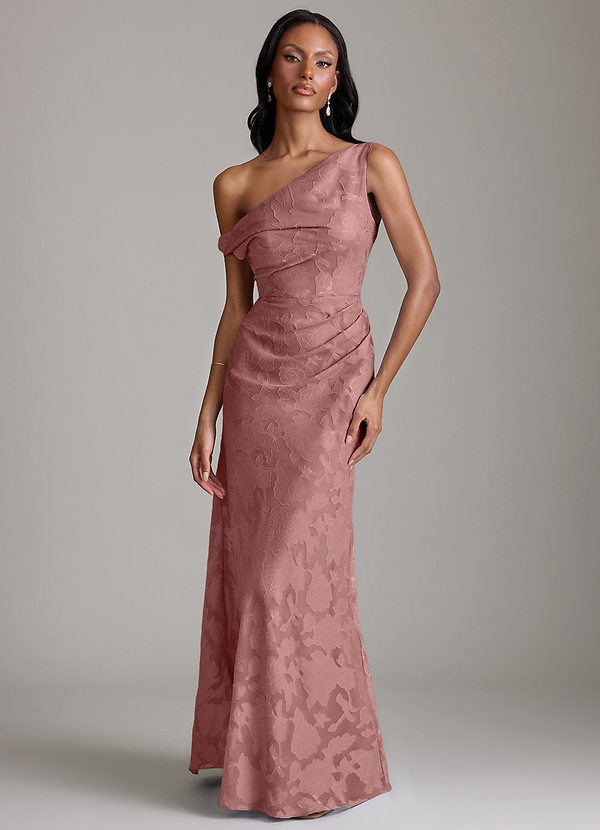 Azazie Emerson Bridesmaid Dresses Vestido Rosa Empoeirada de Esgotamento Floral de sereia com Fora do ombro image1