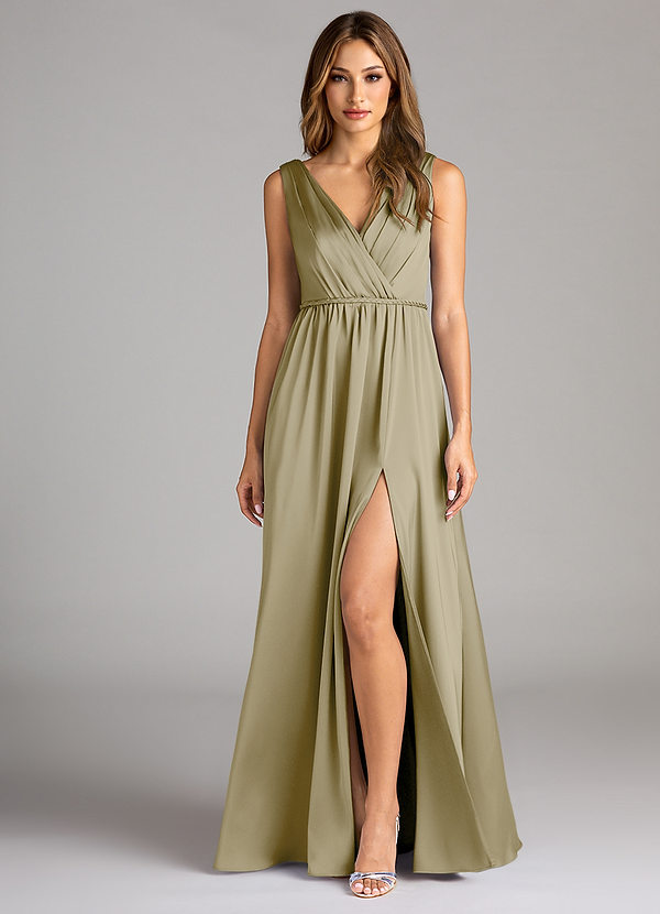Azazie Tanicia Bridesmaid Dresses Moss Green A-Line Pleated Stretch Satin Dress image1