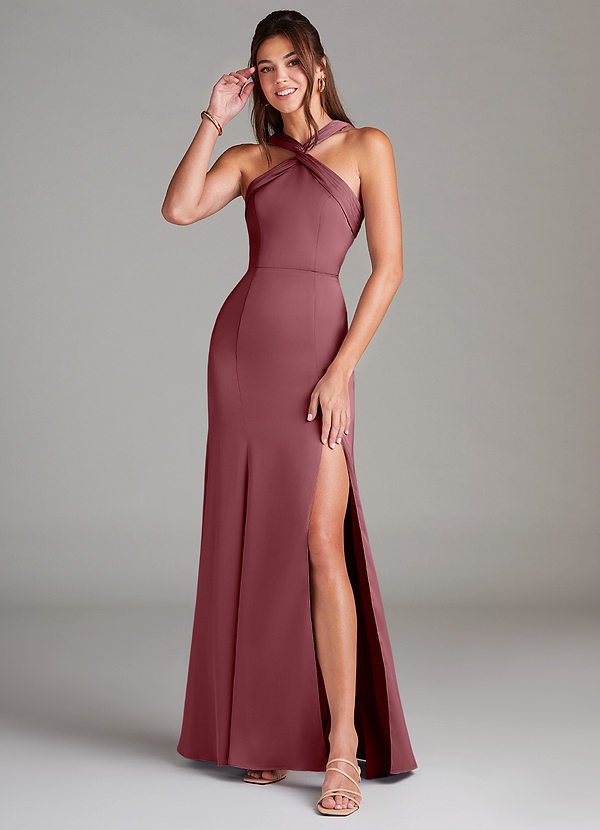 Azazie Rue Bridesmaid Dresses Desert Rose A-Line Pleated Stretch Satin Dress image1