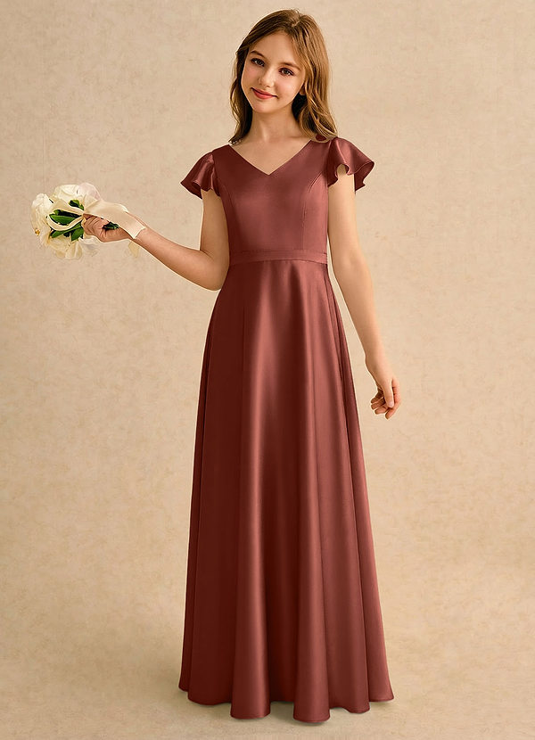 Azazie Nari Girls Formal Blomsterpigekjoler A-Line med ærmer Stræk satin Gulv-længde Kjole image1