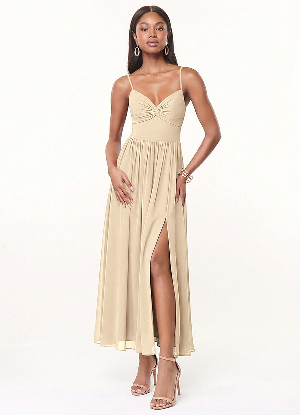 Azazie Zeya Bridesmaid Dresses Champagne A-Line Pleated Chiffon Dress image1