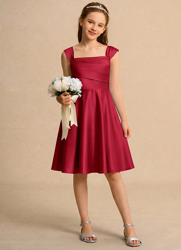 Azazie Budle Girls Formal Flower Girl Dresses Scarlet A-Line Pleated Matte Satin Dress image1