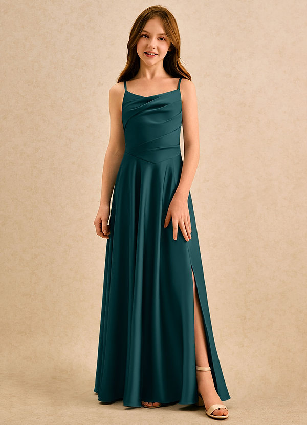 Azazie Coconut Girls Formal Sukienki dla dziewczynek sypiących kwiaty Linia A Pofałdowany Satyna elastyczna Długość podłogi Sukienka image1