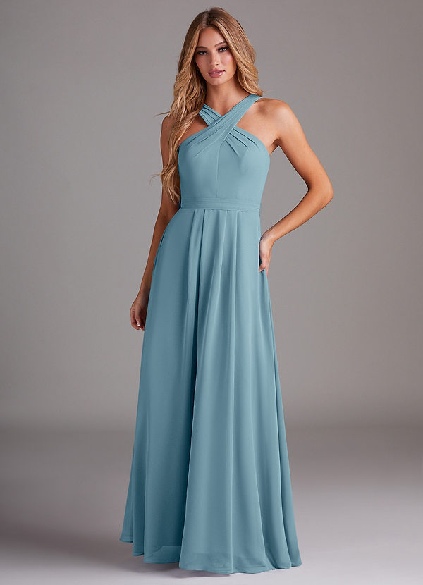 Azazie Dixie Bridesmaid Dresses Moody Blue A-Line Halter Pleated Chiffon Dress image1