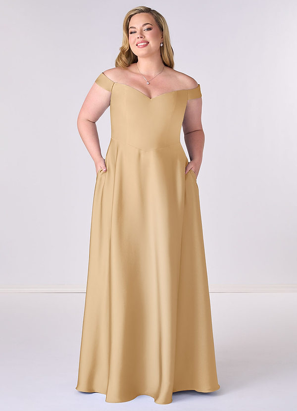 Barbie ♥ Azazie Brautjungfernkleider Wandelbar A-Linie Schulterfrei Stretch-Satin Kleid Gold image1