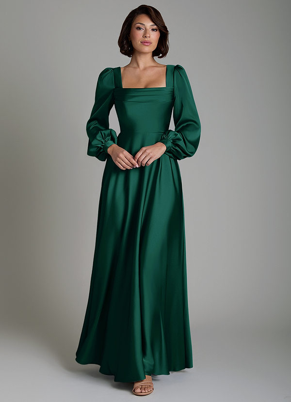 Azazie Solana Robes de demoiselle d'honneur Robe Trapèze en Satin extensible Manches longues émeraude image1