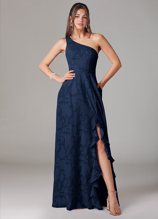 Azazie Ellianna Bridesmaid Dresses Dark Navy A-Line One Shoulder Floral Burnout Dress image1