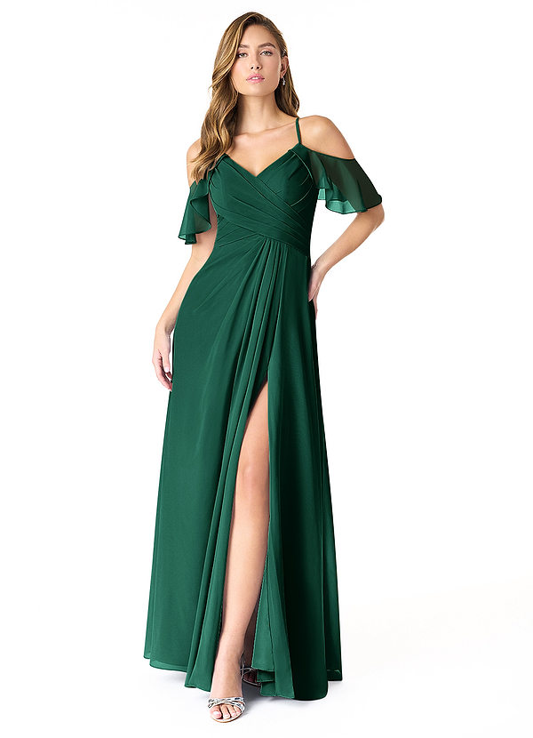 Azazie Dakota Bridesmaid Dresses Emerald A-Line V-Neck Pleated Chiffon Dress image1