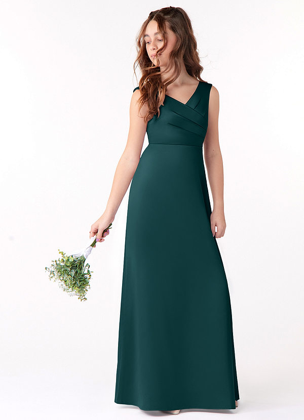 Azazie Sadia Junior Pine A-Line Pleated Stretch Satin Dress image1