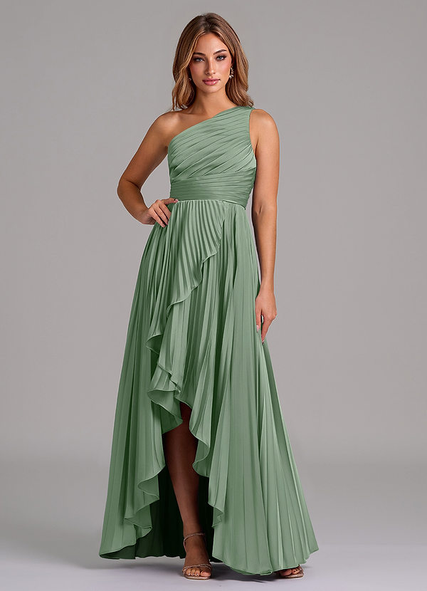 Azazie Lyrica Bridesmaid Dresses Matcha A-Line One Shoulder Stretch Satin Dress image1