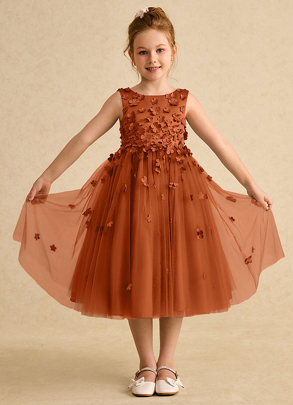 Azazie Lana Blumenkinder Kleider A-Linie ärmellos Matte Satin Kleid Gebranntes Orange image1