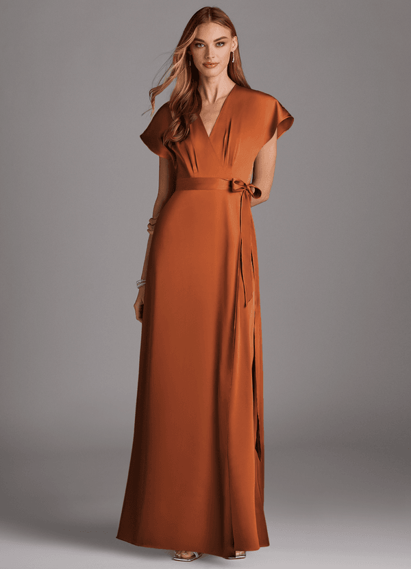 Azazie Nico Bridesmaid Dresses Cinnamon A-Line V-Neck Stretch Satin Dress image1