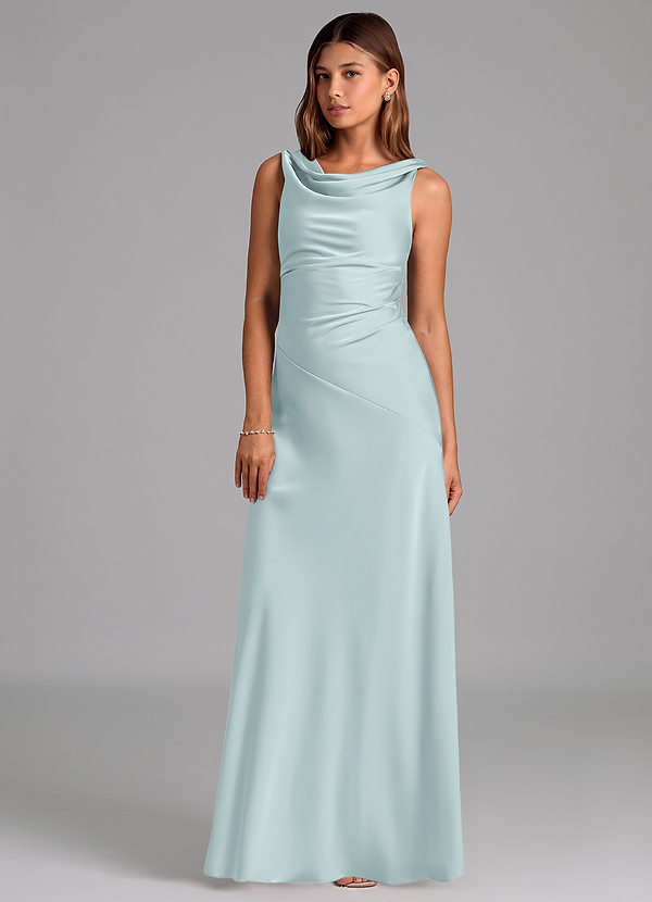 Azazie Nerine 신부 들러리 드레스 A라인 주름진 스트레치 새틴 바닥 길이 드레스 image1