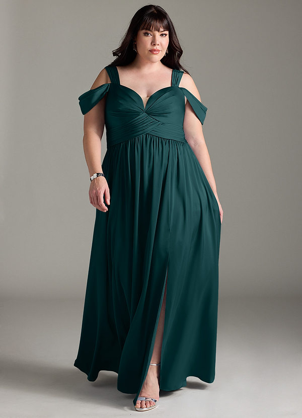 Azazie Lianne Bridesmaid Dresses Pine A-Line Off the Shoulder Stretch Satin Dress image1