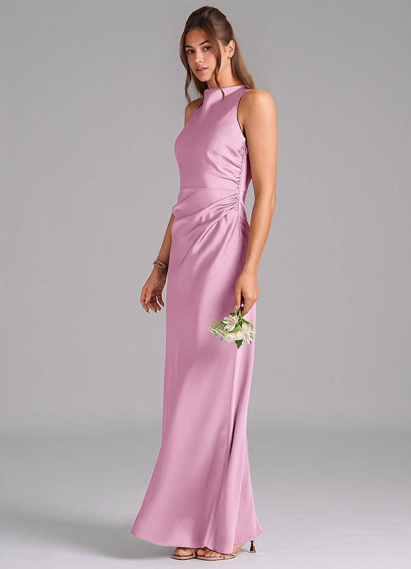 Azazie Evadne Bridesmaid Dresses Candy Pink Sheath Pleated Stretch Satin Dress image1