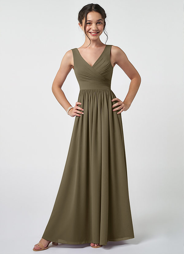 Azazie Keyla Junior Willow Green A-Line Pleated Chiffon Dress image1