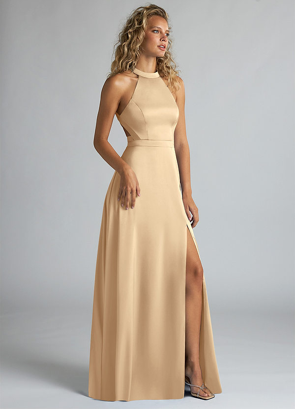 Azazie Clarice Bridesmaid Dresses Champagne A-Line High Neck Stretch Satin Dress image1