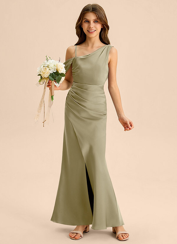 Azazie Madelyn Junior Osłona Zza ramienia Satyna elastyczna Długość podłogi Młodsza druhna Sukienka image1