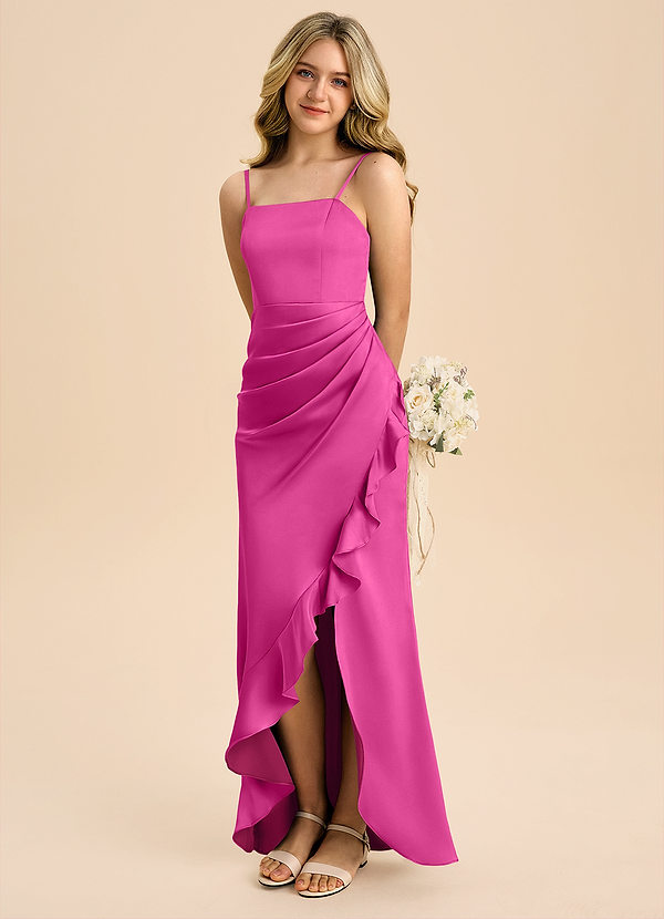 Azazie Buzzy Junior Robe Fourreau en Satin extensible Plissée Fuchsia image1