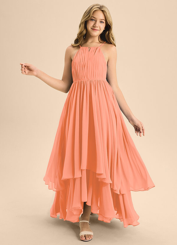 Azazie Elliora Junior A-Linie Plissee Chiffon Kleid Sonnenuntergang image1