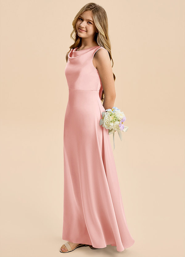 Azazie Kiki Junior Robe Trapèze en Satin extensible Arc Rose Poudré image1