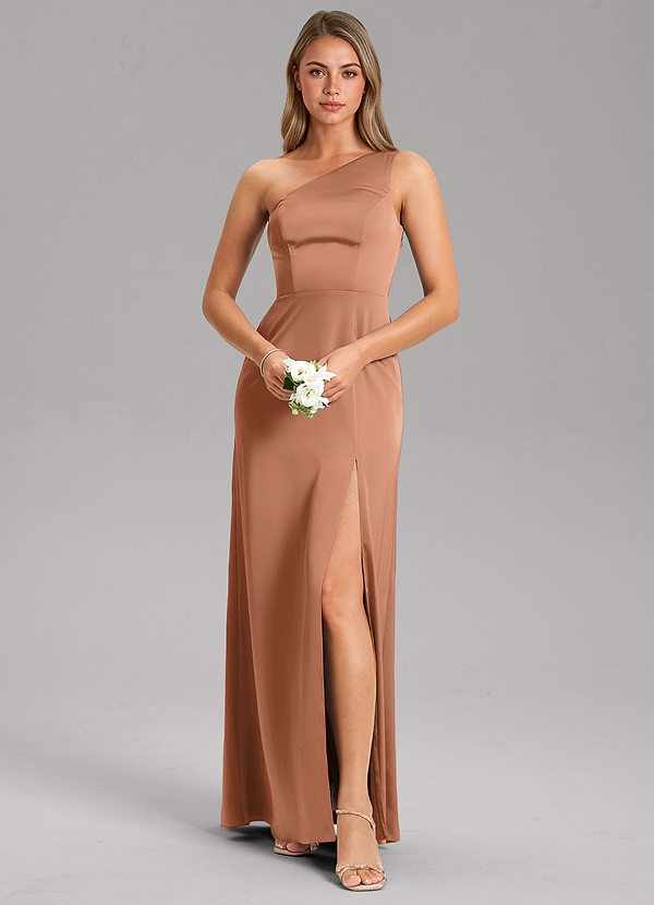 Azazie Phaedra Bridesmaid Dresses Bronzer A-Line One Shoulder Stretch Satin Dress image1