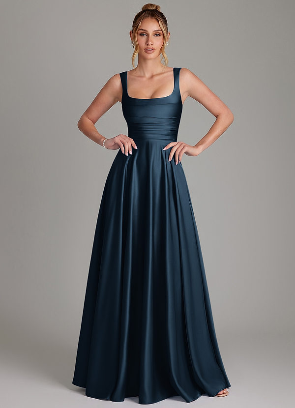 Azazie Azaria Bridesmaid Dresses Dark Navy A-Line Corset Stretch Satin Dress image1