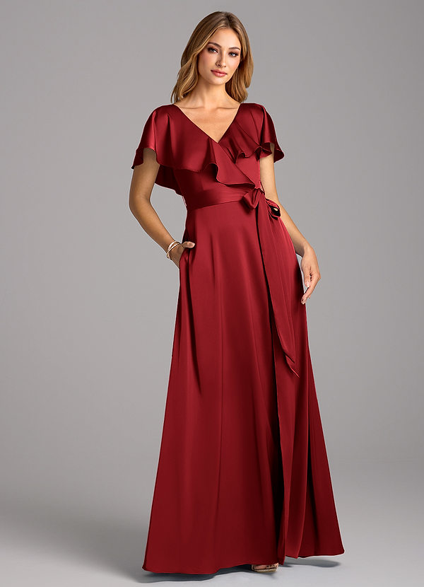 Azazie Lainey Brautjungfernkleider A-Linie mit Taschen Stretch-Satin Kleid Scharlachrot image1