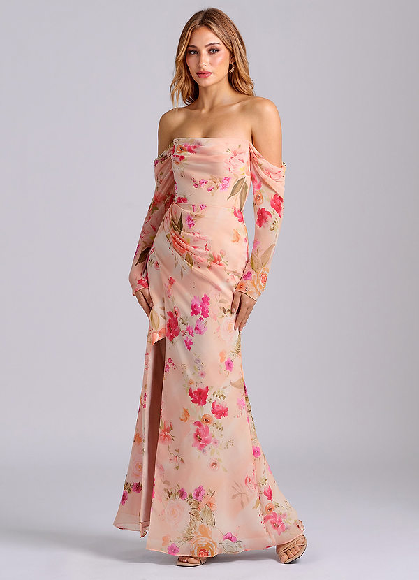 Azazie Hallie Brudtärneklänningar Klä av Sjöjungfru i Chiffong Långärmad Abstrakt Bukett Blommig image1