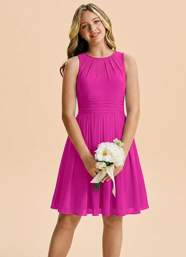 Azazie Bibiane Junior Vestido Fucsia de Gasa de Corte en A con Plisado image1