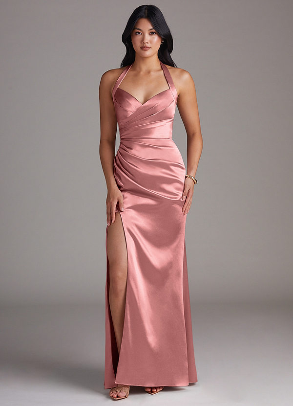 Azazie Emeria Bridesmaid Dresses Rosette Sheath Side Slit Metallic Satin Dress image1