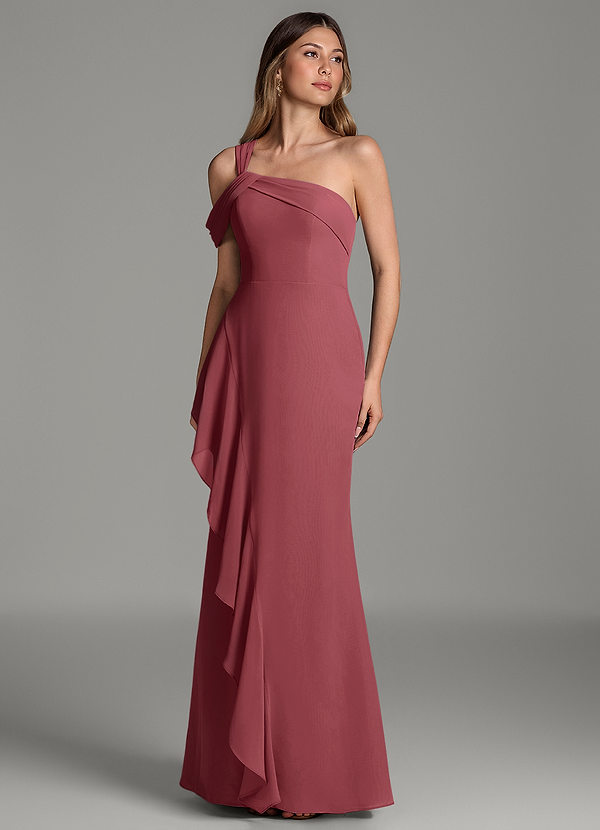 Azazie Ashlynn Vestidos de dama de honor Vestido Merlot de Gasa de Corte Sirena con Hombros descubiertos image1