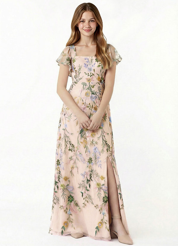 Azazie Bondi Junior Formal Klä av A-Line i 3D blommig broderad spets Rynkad image1