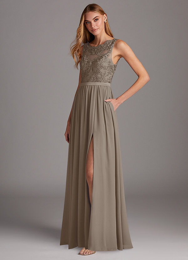 Azazie Elly Abiti da Damigella Abito A-Line in Chiffon Scollo a barchetta in pizzo Taupe image1