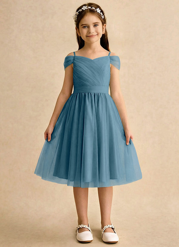 Azazie Lila Girls Formal Sukienki dla dziewczynek sypiących kwiaty Linia A Zza ramienia Tiul Długość do kolan Sukienka image1