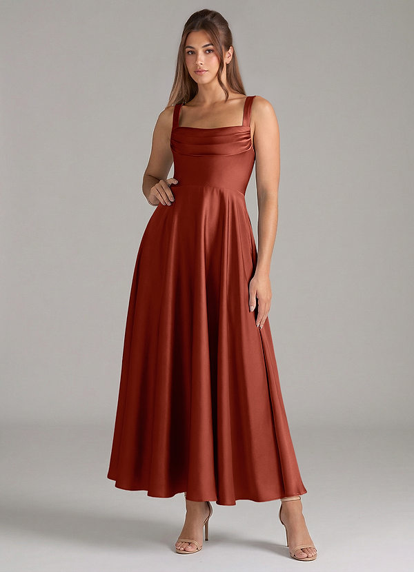 Azazie Shaude Bridesmaid Dresses Terracotta A-Line Pleated Stretch Satin Dress image1