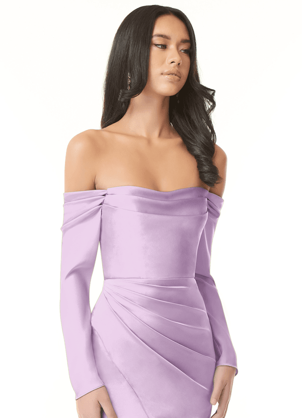 Azazie Hallie Bruidsmeisjes Jurken Converteerbaar Jurk van Stretch Satijn met Zeemeermin Off-the-shoulder lange mouw Frosted Lila image1