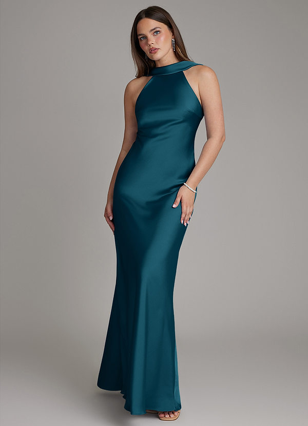 Azazie Dimitra Bridesmaid Dresses Ink Blue A-Line Pleated Stretch Satin Dress image1