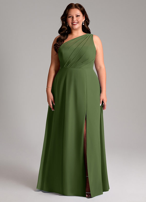 Azazie Phaedra Abiti da Damigella Abito A-Line in Chiffon Monospalla Oliva image1