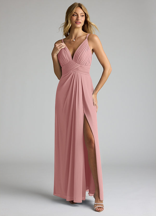 Azazie Maren Allure Brautjungfernkleider A-Linie V-Hals Spitze Chiffon Kleid Altrosa image1