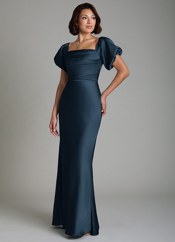 Azazie Lea Bridesmaid Dresses Dark Navy Mermaid Off the Shoulder Stretch Satin Convertible Dress image1