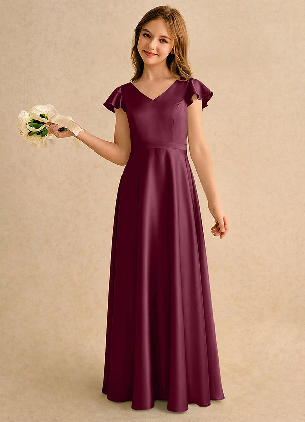 Azazie Nari Girls Formal Blomsterpigekjoler A-Line med ærmer Stræk satin Gulv-længde Kjole image1