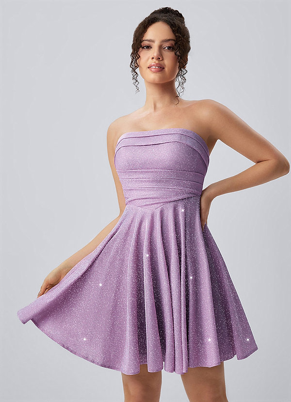 Jacinthe Lilac Strapless Glitter Ruched Lace-Up Skater Mini Dress image1