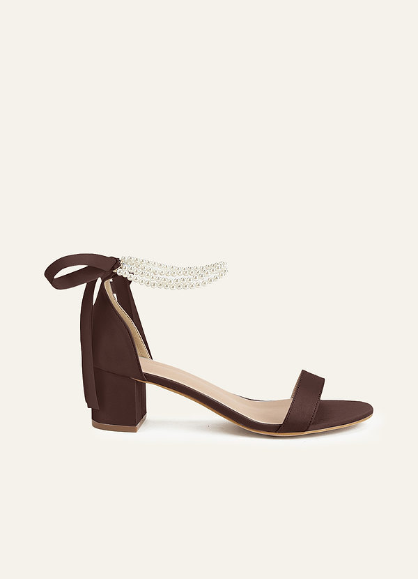 front Matching Color Matte Satin Pearl and Bow Open Toe Chunky Heel Sandals