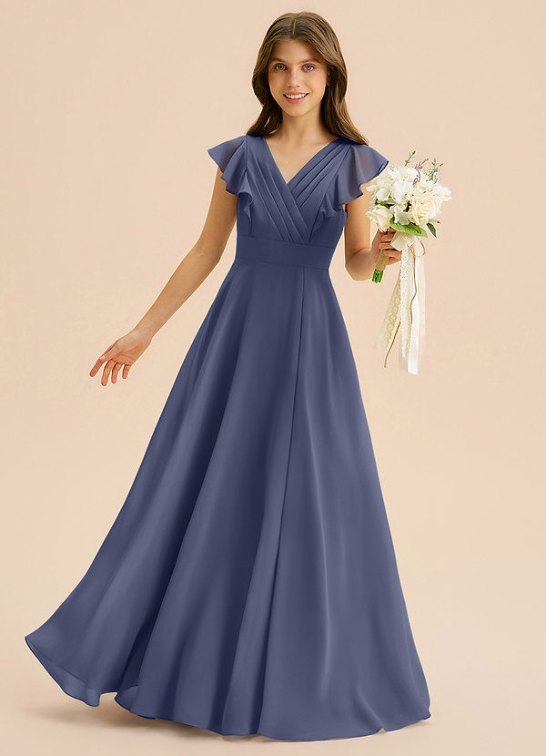 Azazie Anysa Junior Robe Trapèze en Mousseline de soie Rayé Bleu Orageux image1