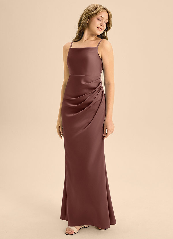 Azazie Renna Junior A-Linie Plissee Stretch-Satin Kleid Espresso image1