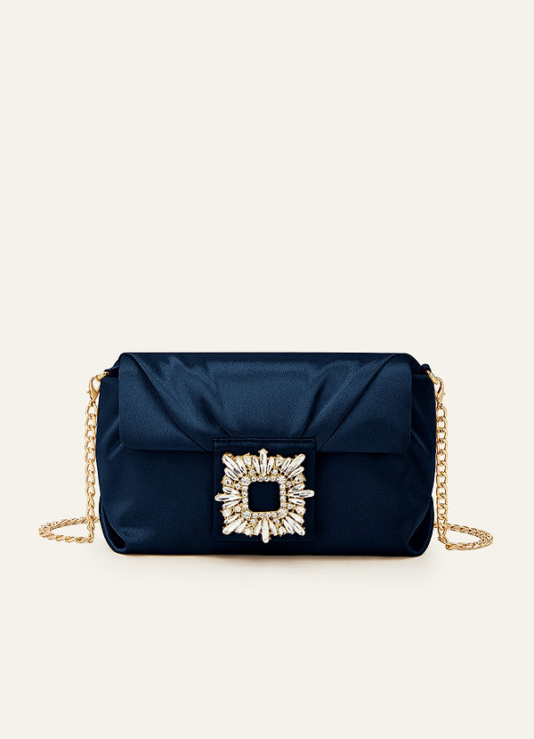front Pochette assortie en satin stretch couleur ornée de strass et boucle carrée