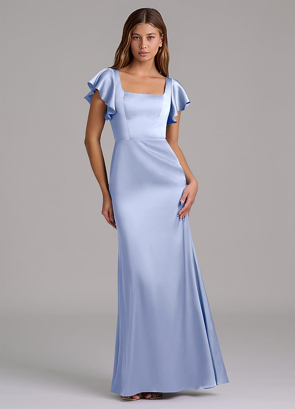 Azazie Elkie 신부 들러리 드레스 인어 스퀘어 네크라인 스트레치 새틴 바닥 길이 드레스 image1