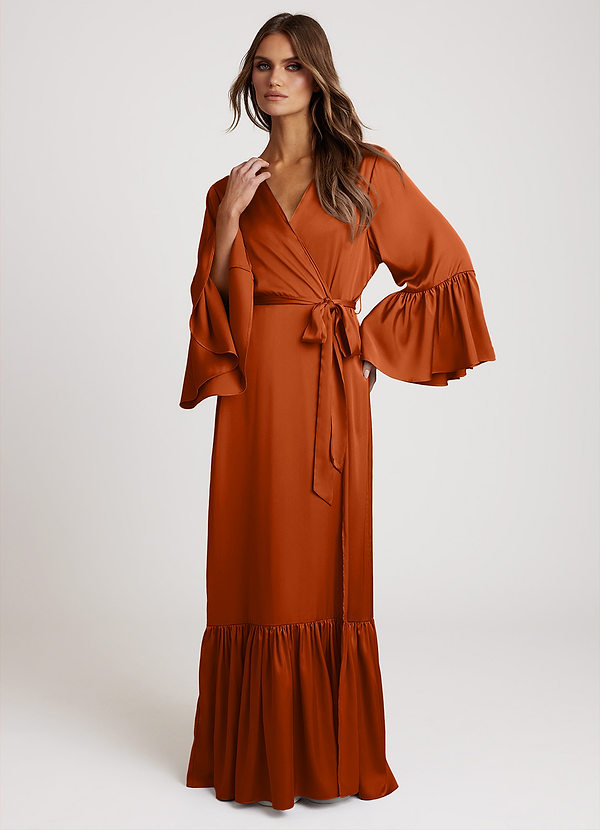 front Burnt Orange Long Bridal Ruffle Robe